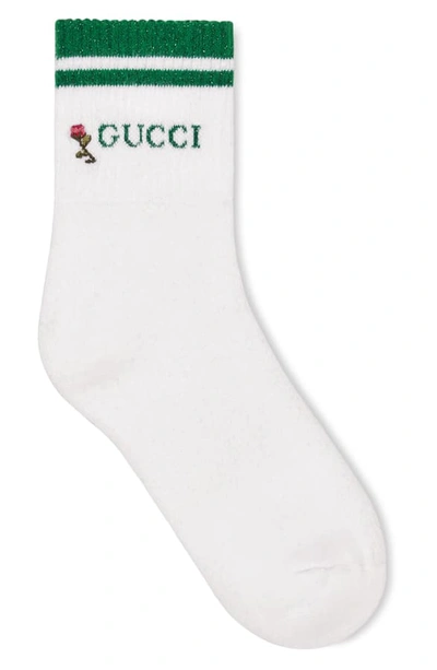 Shop Gucci Metallic Logo Crew Socks In White/ Dark Green
