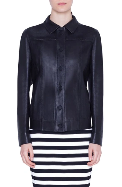Shop Akris Punto Ruffle Detail Perforated Leather Jacket In Black