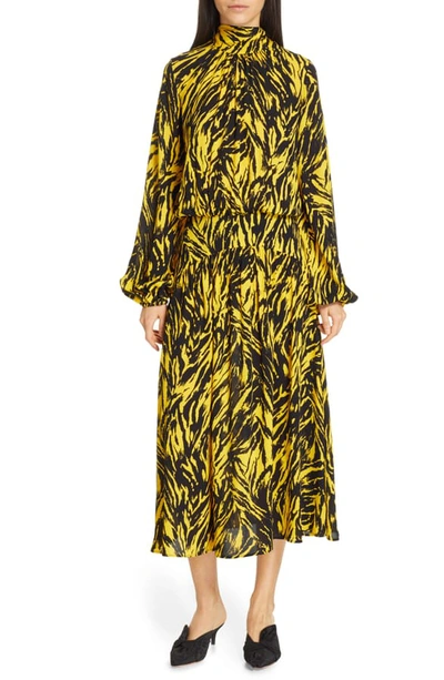 Shop N°21 N?21 Zebra Print Long Sleeve Midi Dress In Black/ Yellow