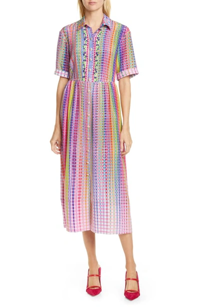 Shop Saloni Ash Plaid Silk Midi Shirtdress In Rainbow Check Plmt