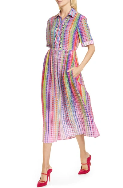 Shop Saloni Ash Plaid Silk Midi Shirtdress In Rainbow Check Plmt