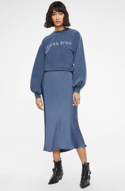 Shop Anine Bing Bar Silk Midi Skirt In Dusty Blue