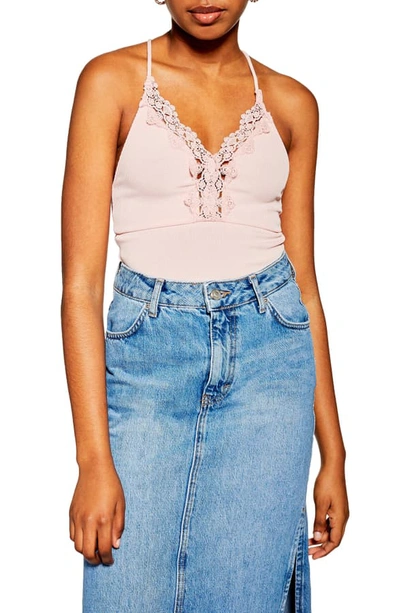 Topshop Lace Trim Strappy Rib Bodysuit In Pink | ModeSens