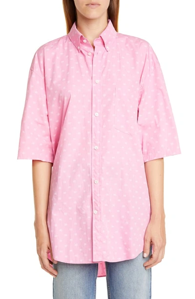 Shop Balenciaga Bb Logo Print Oversize Cotton Poplin Shirt In Pink/ White