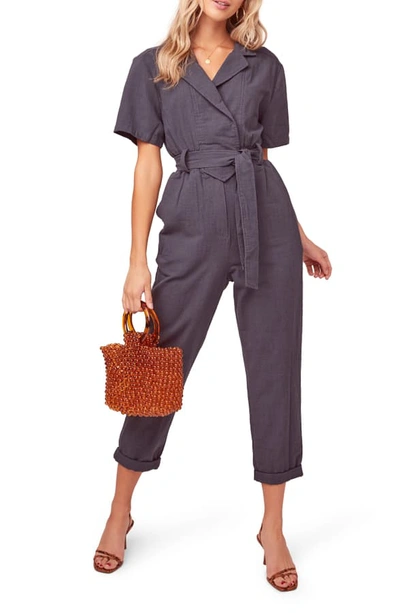 Shop Astr Coco Linen Blend Utility Crop Jumpsuit In Vintage Navy