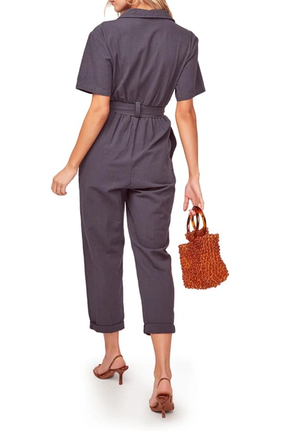 Shop Astr Coco Linen Blend Utility Crop Jumpsuit In Vintage Navy