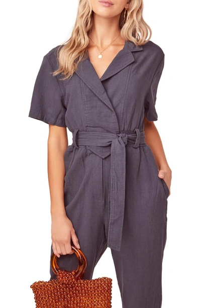 Shop Astr Coco Linen Blend Utility Crop Jumpsuit In Vintage Navy