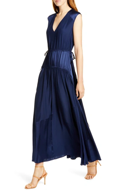 Shop Amur Lotta Cinched Satin Panel Silk Maxi Dress In Navy