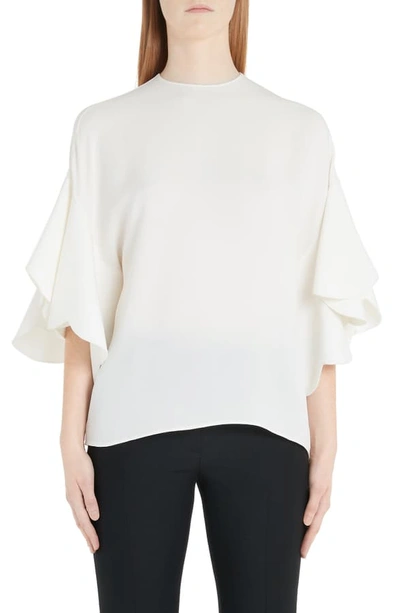 Shop Valentino Flutter Sleeve Silk Blouse In A03-ivory