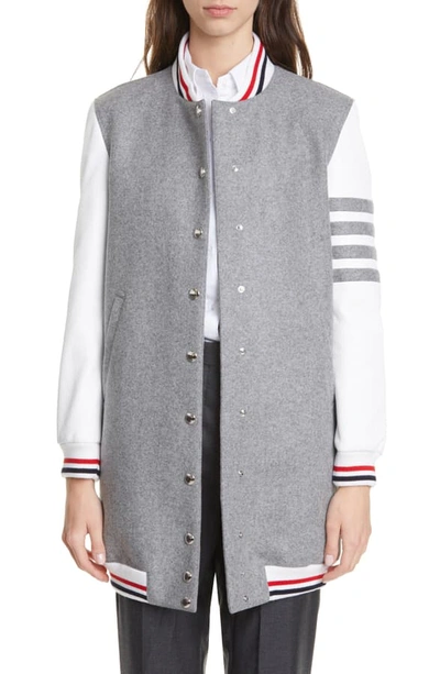 Shop Thom Browne Elongated Wool & Leather Bomber Jacket In Med Grey