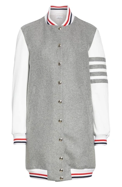 Shop Thom Browne Elongated Wool & Leather Bomber Jacket In Med Grey