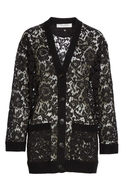 Shop Valentino Oversized Wool Lace Cardigan In 0no-black