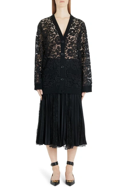 Shop Valentino Oversized Wool Lace Cardigan In 0no-black