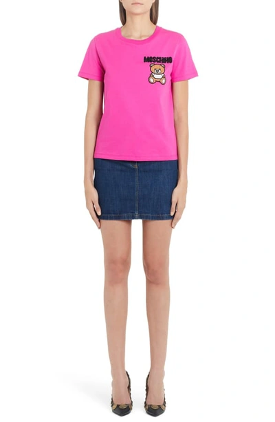 Shop Moschino Embroidered Bear Denim Miniskirt In Blue