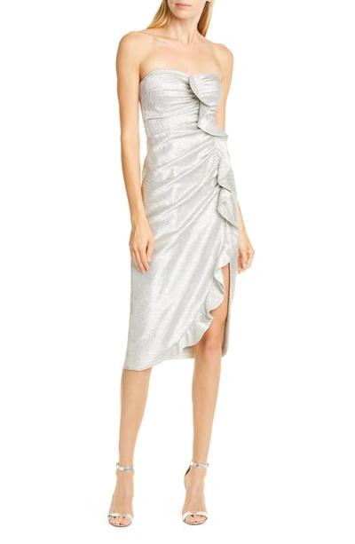 Shop Jonathan Simkhai Ruffle Plisse Lame Cocktail Dress In Cool Silver