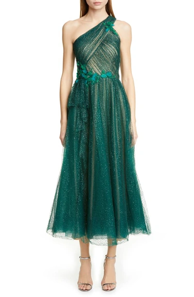 Shop Marchesa Notte Glitter Tulle One-shoulder Midi Dress In Emerald