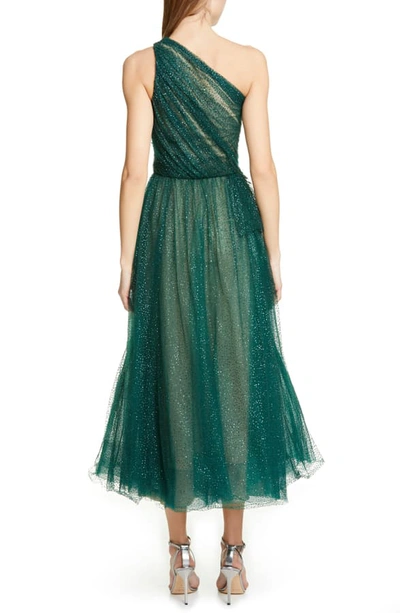 Shop Marchesa Notte Glitter Tulle One-shoulder Midi Dress In Emerald