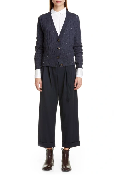 Shop Brunello Cucinelli Belted Paperbag Waist Wool Blend Pants In Midnight