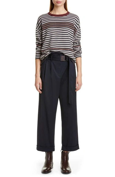 Shop Brunello Cucinelli Belted Paperbag Waist Wool Blend Pants In Midnight