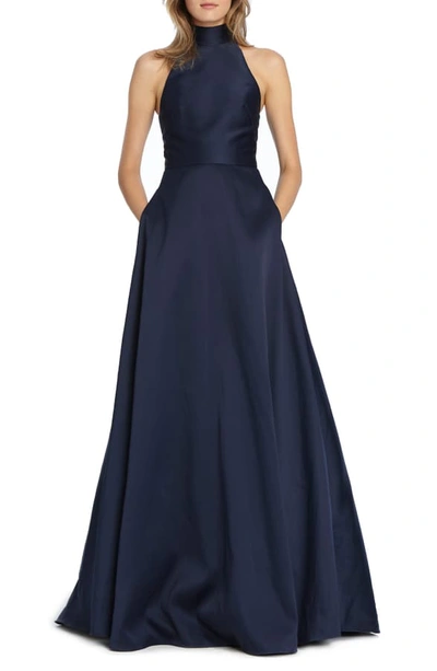 ml Monique Lhuillier High-neck Keyhole-back Sleeveless Ball Gown With  Pockets In Navy | ModeSens