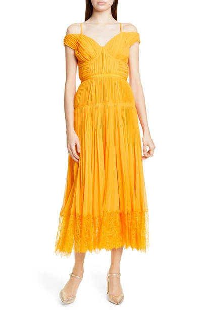 Self portrait Off the shoulder Lace trimmed Pleated Chiffon Midi Dress In Orange ModeSens