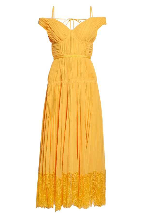 self portrait orange off shoulder pleated chiffon dress