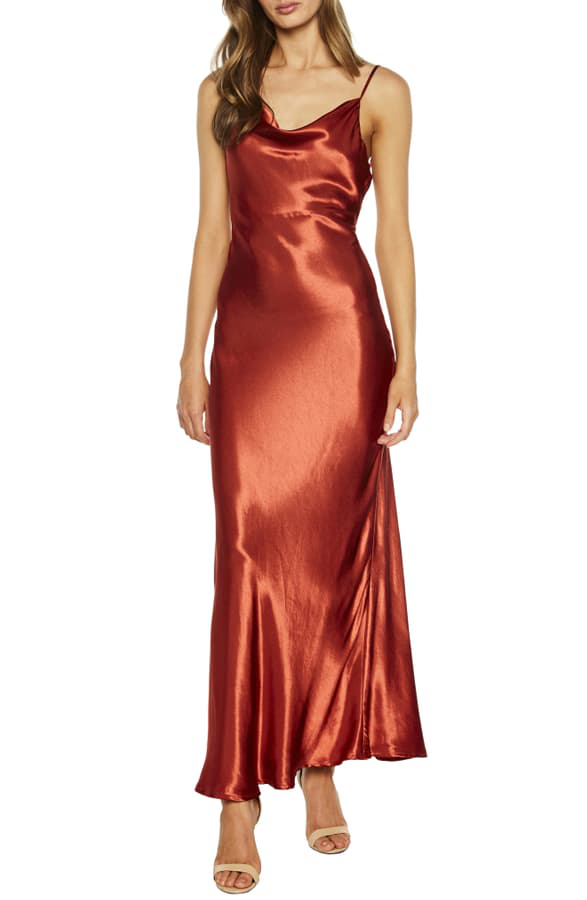red satin maxi slip dress