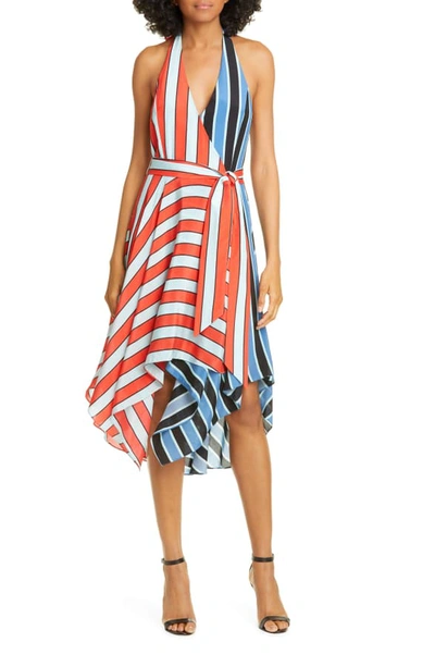 Shop Alice And Olivia Canton Mix Stripe Halter Neck Handkerchief Hem Silk Dress In Pinstripe Cherry/ Combo