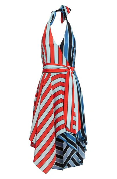 Shop Alice And Olivia Canton Mix Stripe Halter Neck Handkerchief Hem Silk Dress In Pinstripe Cherry/ Combo