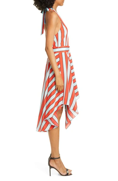 Shop Alice And Olivia Canton Mix Stripe Halter Neck Handkerchief Hem Silk Dress In Pinstripe Cherry/ Combo