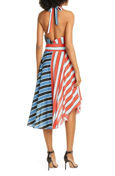 Shop Alice And Olivia Canton Mix Stripe Halter Neck Handkerchief Hem Silk Dress In Pinstripe Cherry/ Combo