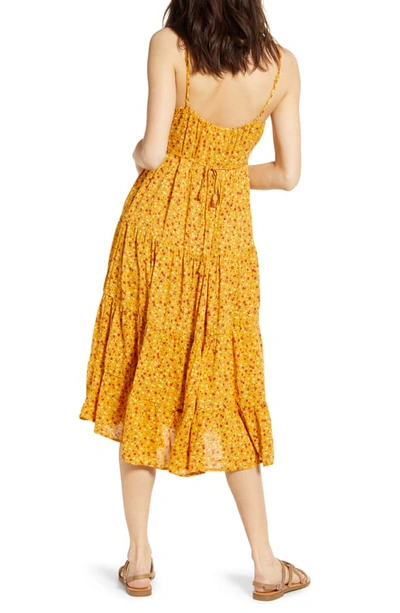 Shop Band Of Gypsies Floral Print Slit Front Tiered Midi Dress In Mustard/ Orange