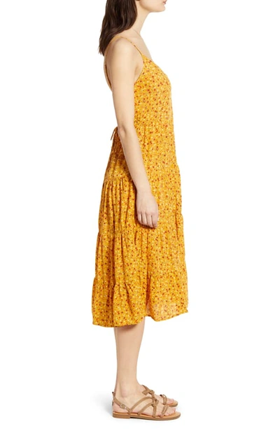 Shop Band Of Gypsies Floral Print Slit Front Tiered Midi Dress In Mustard/ Orange