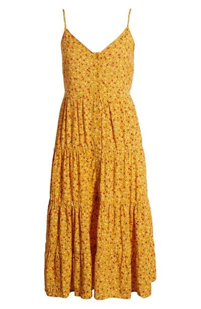 Shop Band Of Gypsies Floral Print Slit Front Tiered Midi Dress In Mustard/ Orange