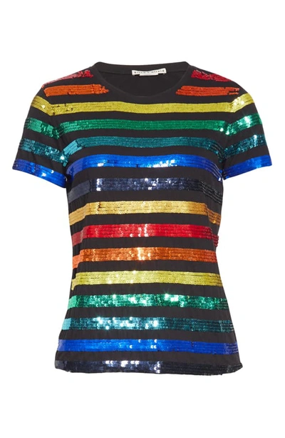 Shop Alice And Olivia Rylyn Sequin Rainbow Stripe Tee In Black/ Multi