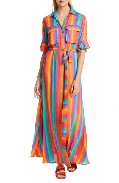 Shop All Things Mochi Leilani Stripe & Floral Linen Maxi Shirtdress In Rainbow