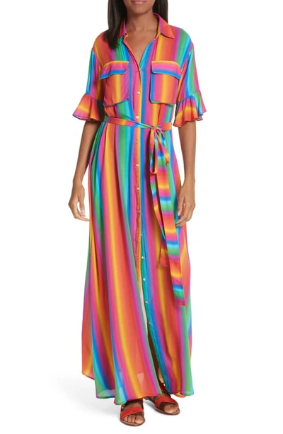 Shop All Things Mochi Leilani Stripe & Floral Linen Maxi Shirtdress In Rainbow