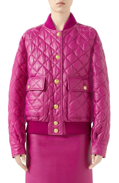 Shop Gucci Quilted Leather Bomber Jacket In Blueberry Extract