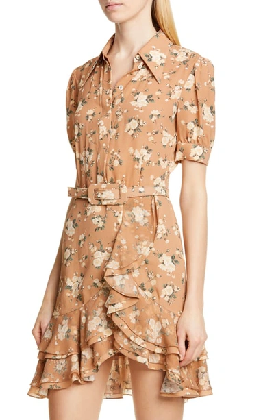 Shop Michael Kors French Floral Print Tiered Ruffle Shirtdress In Suntan/ Ivory