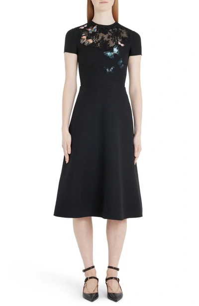 Shop Valentino Butterfly Embroidered Lace Panel Midi Dress In 0no-black