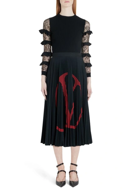 Shop Valentino Vlogo Pleated Jersey Midi Skirt In 43k-black/ Red