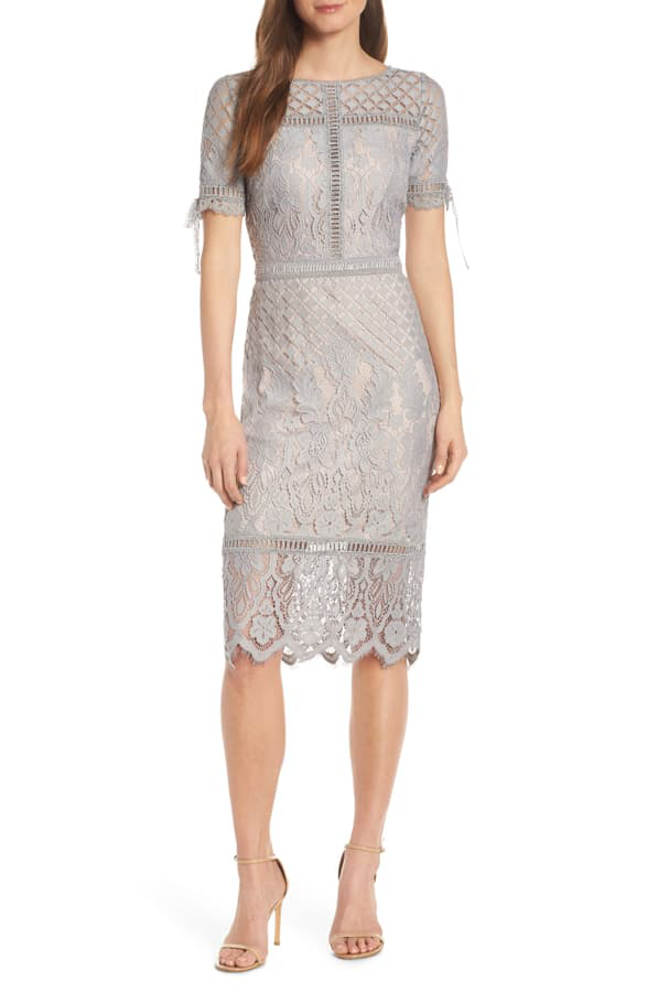 tadashi shoji tie sleeve lace sheath dress