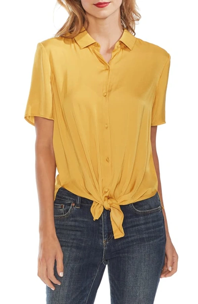 Shop Vince Camuto Tie Front Rumple Satin Blouse In Amber Sun