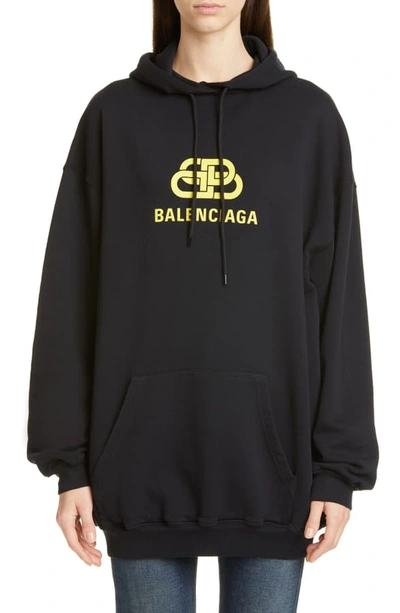 Shop Balenciaga Bb Logo Oversize Hoodie In Black/ Yellow
