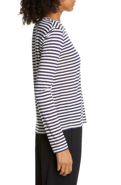 Shop Vince Stripe Long Sleeve Silk Blend Tee In Natural/ Marine