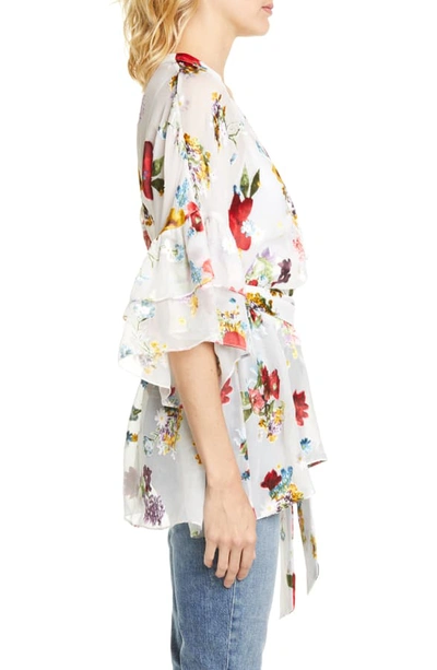 Shop Alice And Olivia Rosario Ruffle Sleeve Top In Colorful Bouquet Soft White