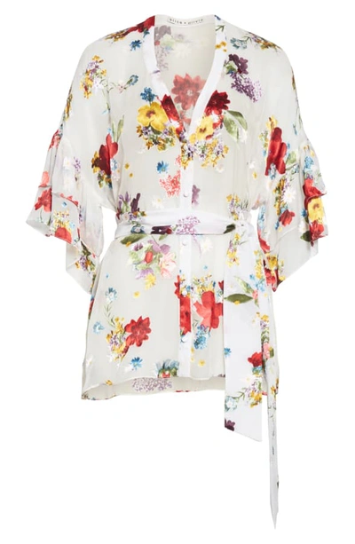 Shop Alice And Olivia Rosario Ruffle Sleeve Top In Colorful Bouquet Soft White