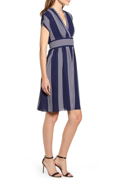 Shop Anne Klein Stripe Belted Dress In Eclipse/ Anne White