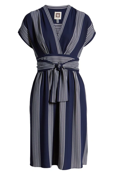 Shop Anne Klein Stripe Belted Dress In Eclipse/ Anne White