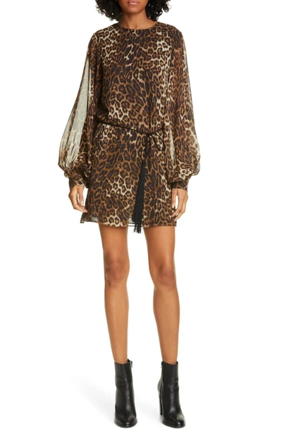 Shop Nili Lotan Rebeca Leopard Print Silk Long Sleeve Minidress In Brown Leopard Print